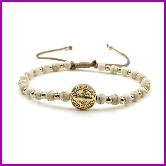 Adjustable Saint Benedict Coin Bracelet with Beads, Spiritual Jewelry - Picture 1 of 8